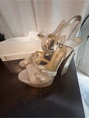 Casadei Gold Glitter Platform Slingback Sandals